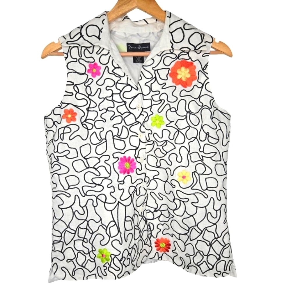 Mercer & Madison Womens Artsy Embroidered Floral Linen Vest Size Medium